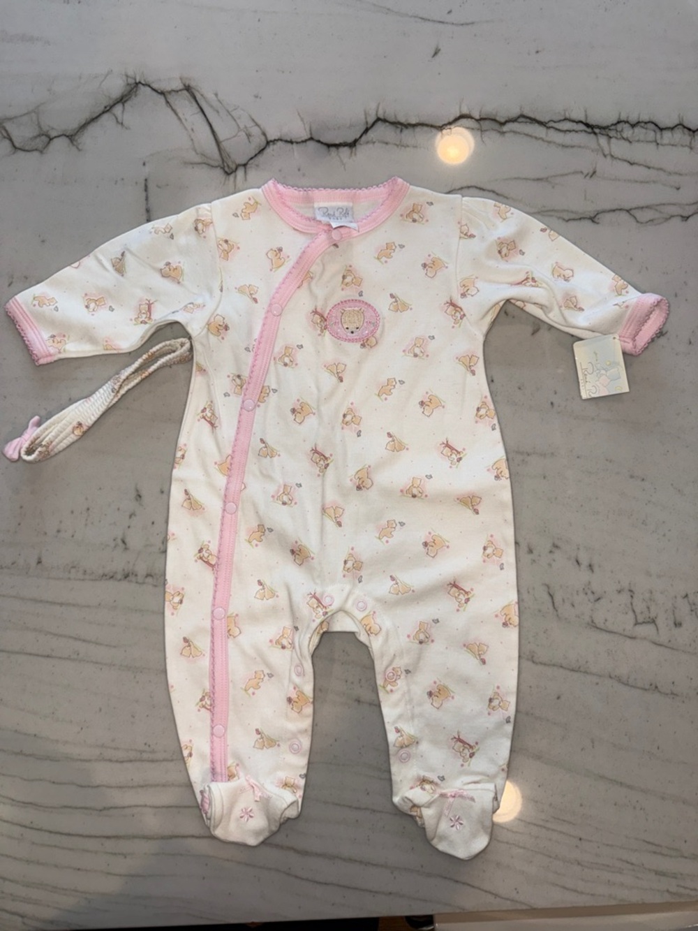 Rene Rofe Cream and Pink Bear Footie Pajama with Matching Headband